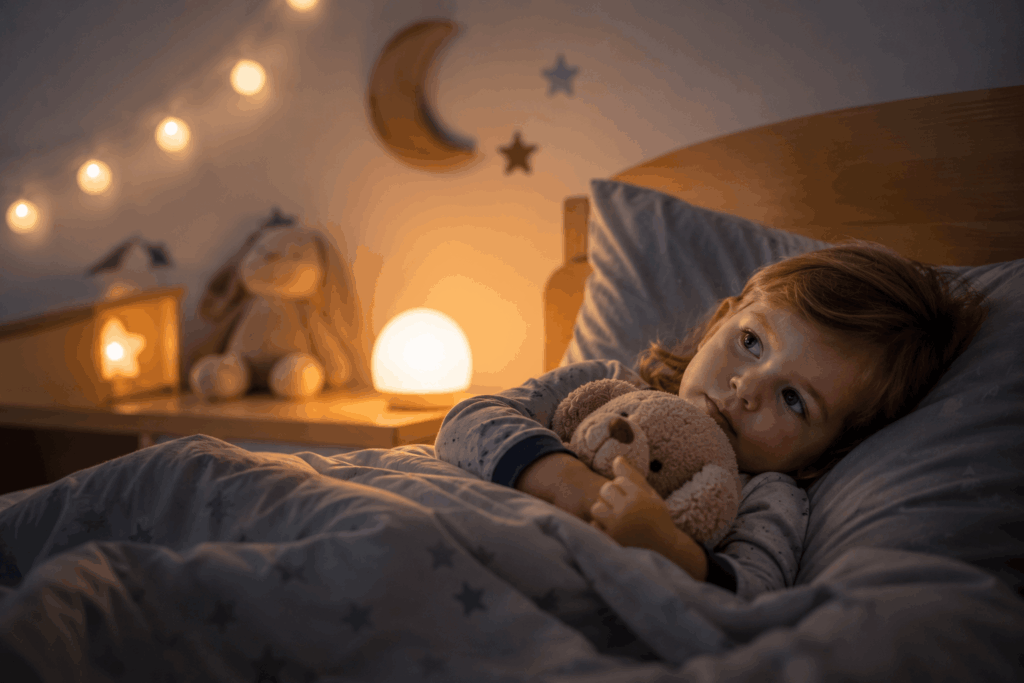 Kleinkind liegt abends mit einem Kuscheltier im Bett und schaut nachdenklich zur Seite. Warmes Nachtlicht, Lichterkette und eine gemütliche Schlafumgebung schaffen eine ruhige Atmosphäre. Das Bild steht für die Herausforderungen des Einschlafens, das Loslassen des Tages und die Verarbeitung von Eindrücken im Kleinkindalter.