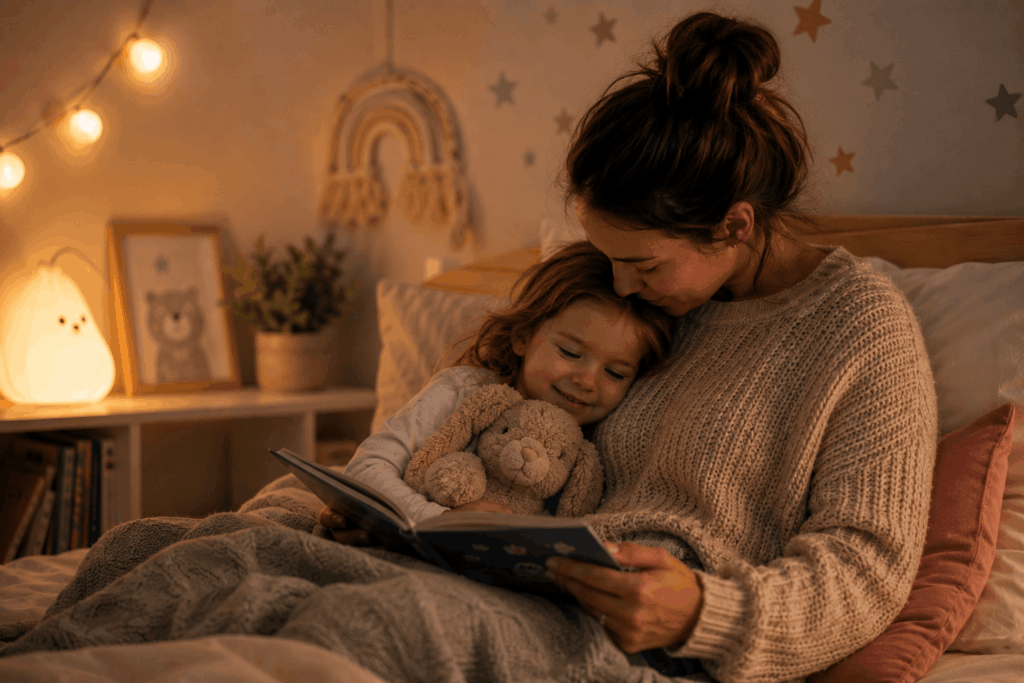Mutter sitzt abends mit ihrem Kleinkind auf dem Bett und hält es liebevoll im Arm. Das Kind kuschelt sich an sie und hält ein Stofftier fest. Warmes Licht, eine gemütliche Atmosphäre und die enge Verbindung zwischen beiden symbolisieren Sicherheit, Geborgenheit und die Bedeutung von Nähe vor dem Einschlafen.