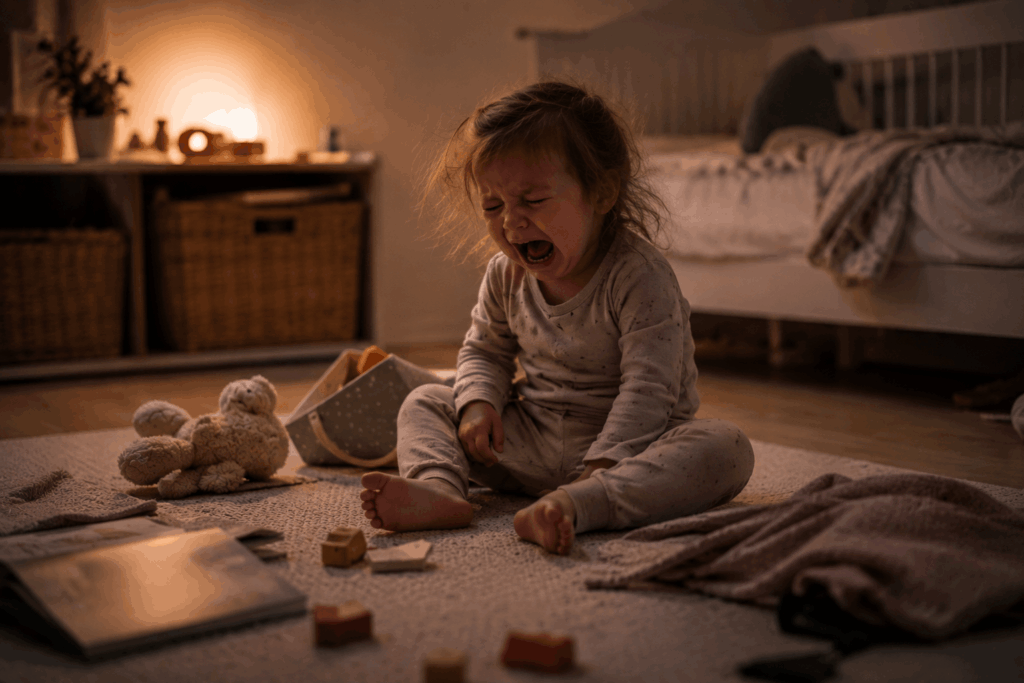 Müdes Kleinkind sitzt abends weinend im Schlafanzug auf dem Boden eines Kinderzimmers. Spielsachen liegen verstreut herum, während warmes Licht eine ruhige Abendstimmung schafft. Das Bild symbolisiert Übermüdung, emotionale Überforderung und die Herausforderungen beim Einschlafen im Kleinkindalter.
