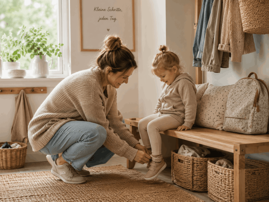 Mehr Ruhe am Morgen Mutter zieht ihrem Kleinkind im Hauseingang die Schuhe an, ruhige Morgenroutine im Familienalltag
