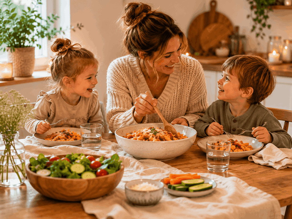 Zu den Familienrezepten Mutter isst mit zwei Kindern gemeinsam am Familientisch, frisch zubereitetes Essen mit Gemüse