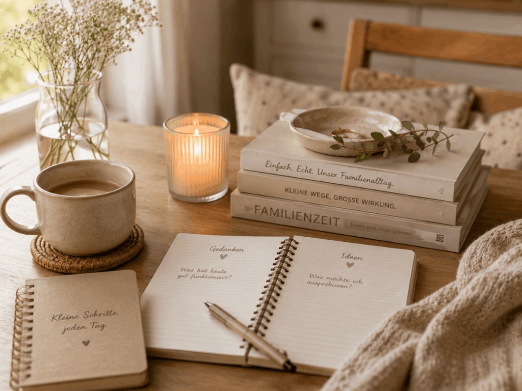 Zum Blog Notizbücher mit Familienalltag-Sprüchen, Kerze und Pflanzen auf einem gemütlich gedeckten Tisch