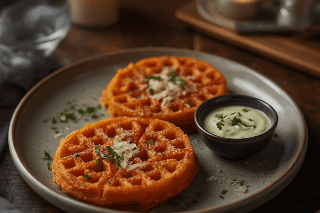 Zwei runde Süßkartoffel-Parmesan-Waffeln mit Parmesan und Kräutern, serviert mit Kräuterdip auf einem Teller bei Kerzenlicht.