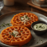 Zwei runde Süßkartoffel-Parmesan-Waffeln mit Parmesan und Kräutern, serviert mit Kräuterdip auf einem Teller bei Kerzenlicht.
