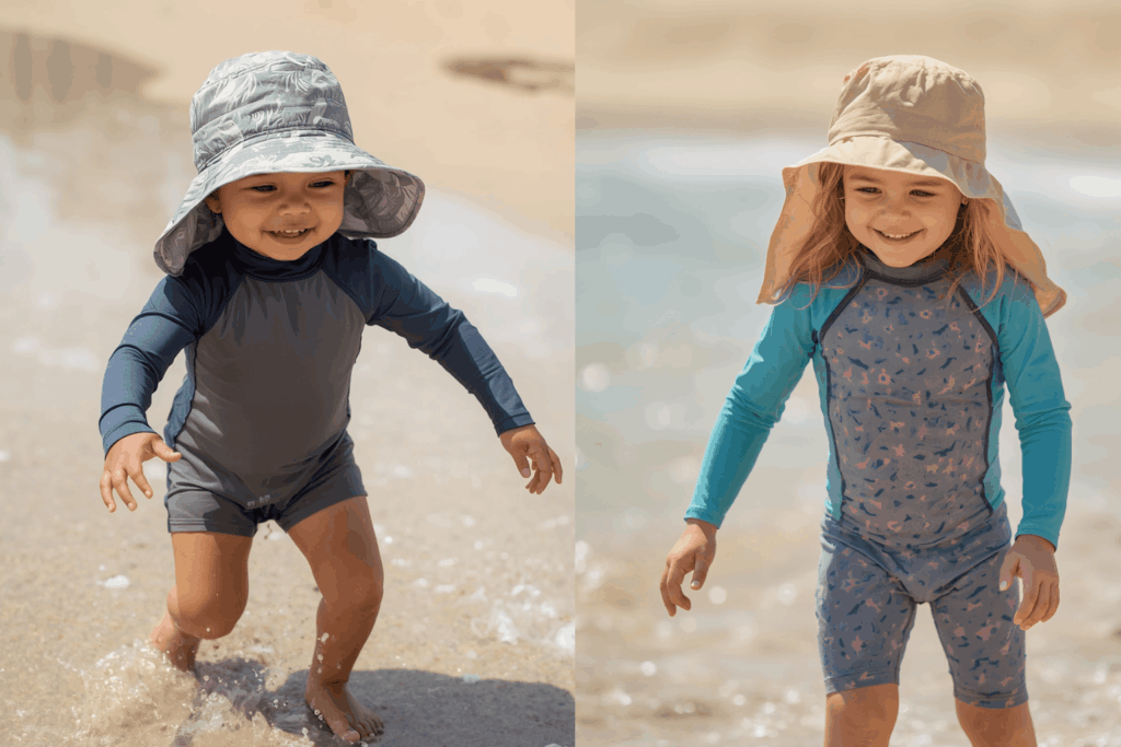 Junge und Mädchen in UV-Schutzkleidung mit Sonnenhut und Nackenschutz spielen gemeinsam am Strand im Wasser.