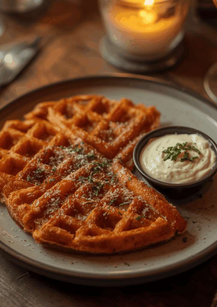 Süßkartoffel-Parmesan-Waffeln mit Parmesan und Kräutern bestreut, serviert mit Kräuter-Dip auf einem Teller.