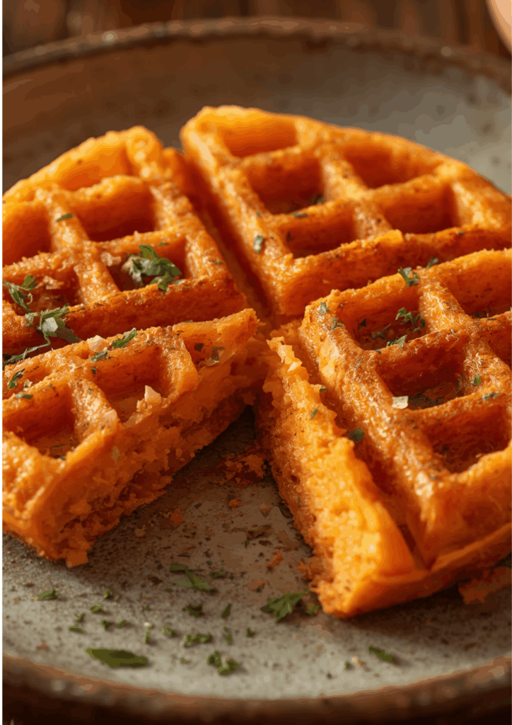 Eine runde Süßkartoffel-Parmesan-Waffeln mit Kräutern bestreut auf einem Teller.