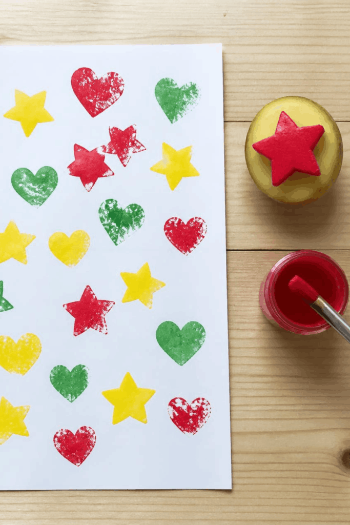 Bunte Kartoffeldruck-Abdrücke in Stern- und Herzform auf Papier neben Kartoffelstempel – Bastelidee für Kleinkinder