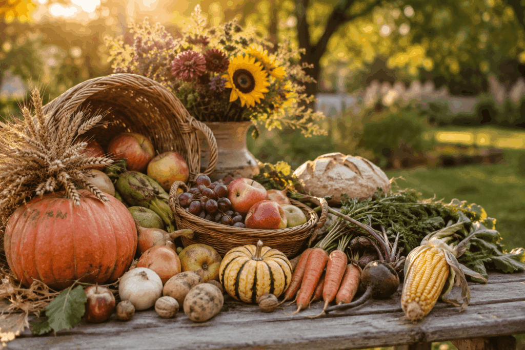 Herbstliche Erntedank-Deko mit Kürbissen, Äpfeln, frischem Gemüse, Brot und Sonnenblumenstrauß auf rustikalem Holztisch im Garten