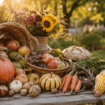 Erntedank mit Kleinkindern Herbstliche Erntedank-Deko mit Kürbissen, Äpfeln, frischem Gemüse, Brot und Sonnenblumenstrauß auf rustikalem Holztisch im Garten