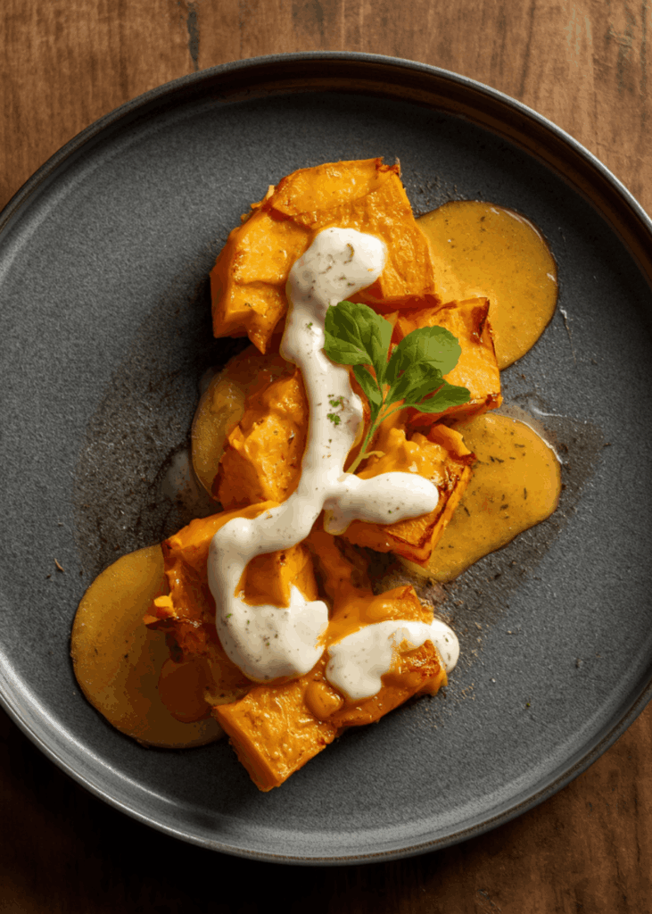 Butternut-Kürbis-Scheiben mit weißer Knoblauchcreme auf dunklem Teller