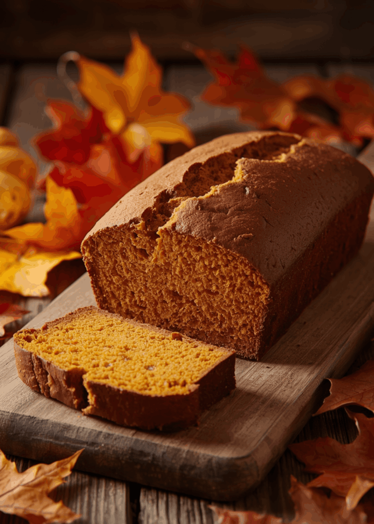 Angeschnittenes Kürbisbrot mit Kürbiskernen auf Holzbrett, umgeben von Herbstblättern