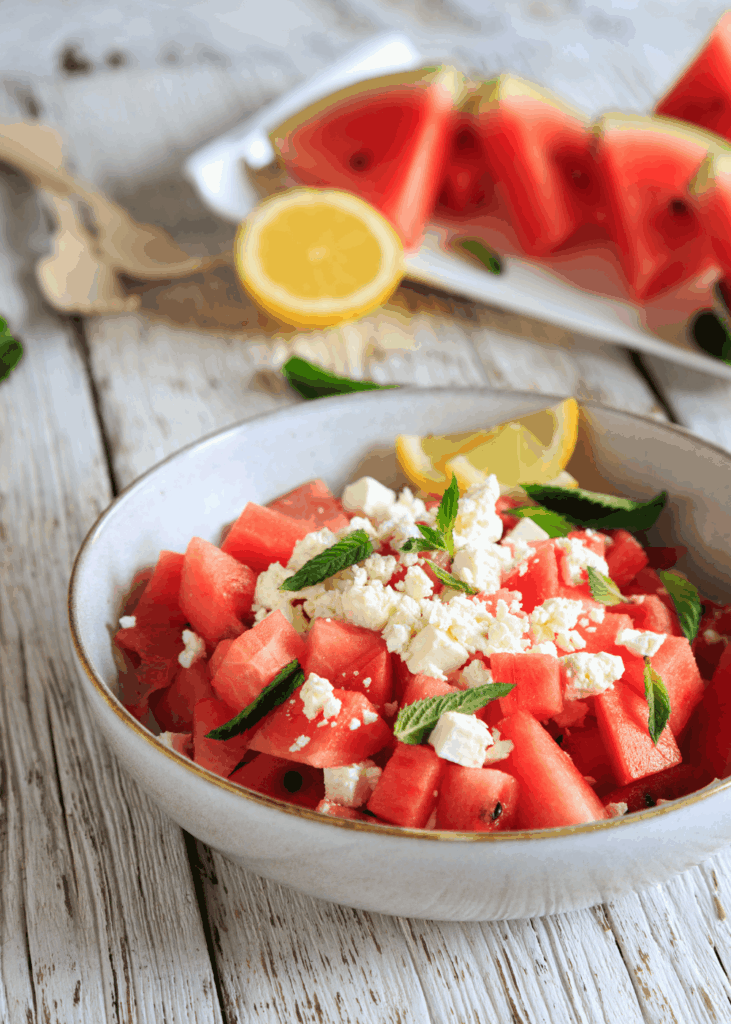 Wassermelonen-Feta-Salat – süß und herzhaft zugleich Wassermelonen-Feta-Salat mit Fetawürfeln und frischer Minze in heller Keramikschüssel, auf Leinentischdecke