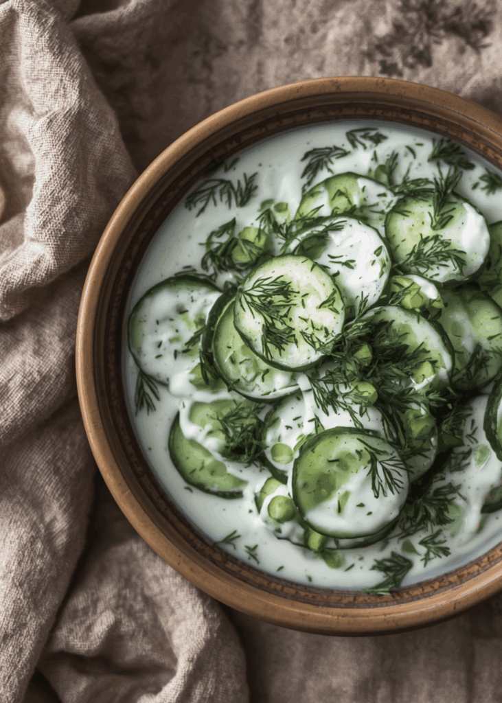 Gurken-Joghurt-Salat – mild, cremig und ein toller Begleiter Gurken-Joghurt-Salat mit Gurkenscheiben in cremigem Dressing und frischem Dill in rustikaler Keramikschüssel, auf Leinentischdecke