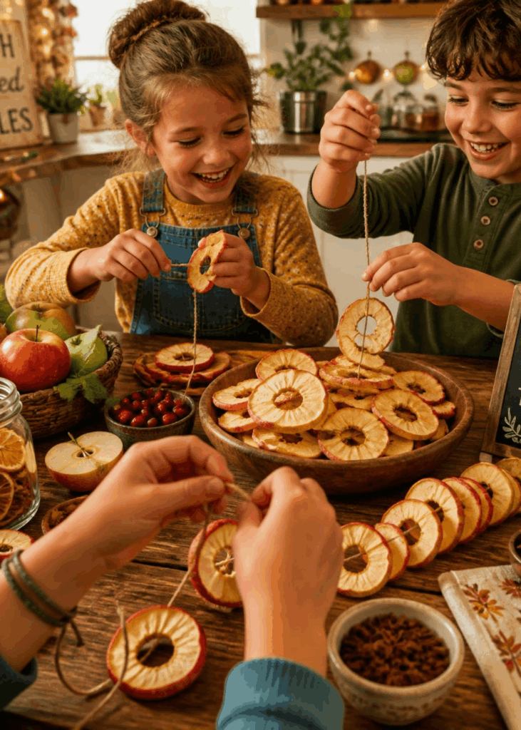 Kinder fädeln Apfelringe zum Trocknen auf eine Schnur