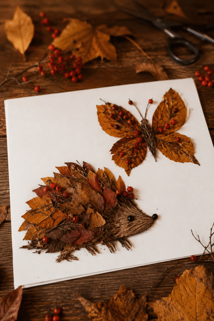 Igel und Schmetterling aus Herbstblättern und Beeren gebastelt auf Papier – Naturmaterial-Bild für Kleinkinder