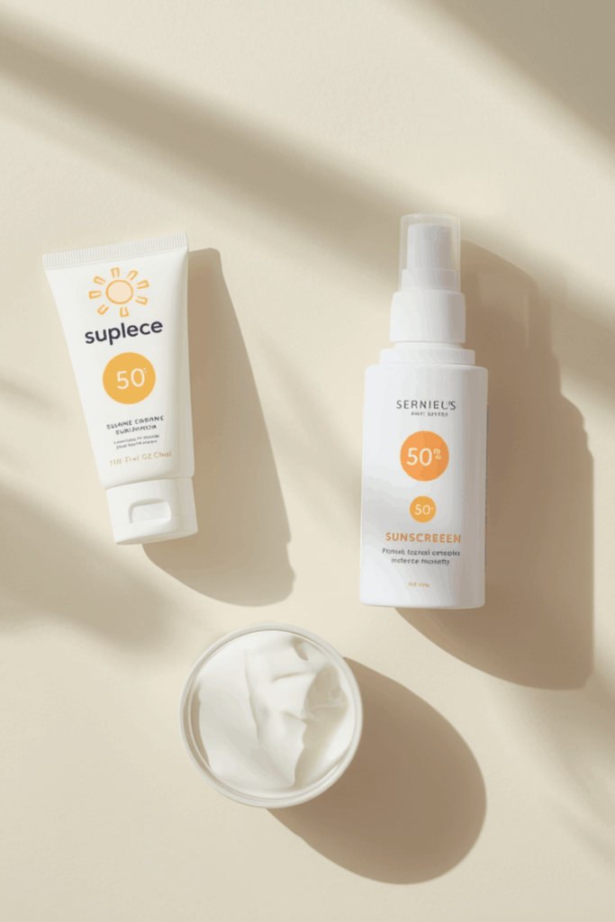 Verschiedene Sonnencreme-Produkte für Kinder, darunter Tube, Sprühflasche und Creme, auf neutralem Hintergrund.