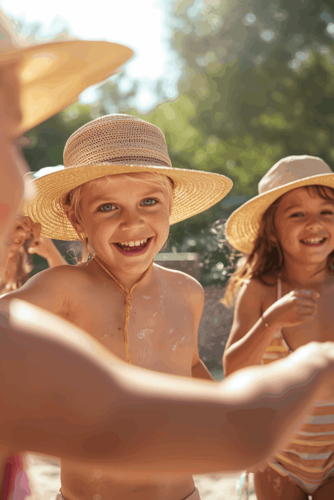 Kinder mit Sonnencreme und Sonnenhüten spielen fröhlich im Freien bei Sonnenschein.
