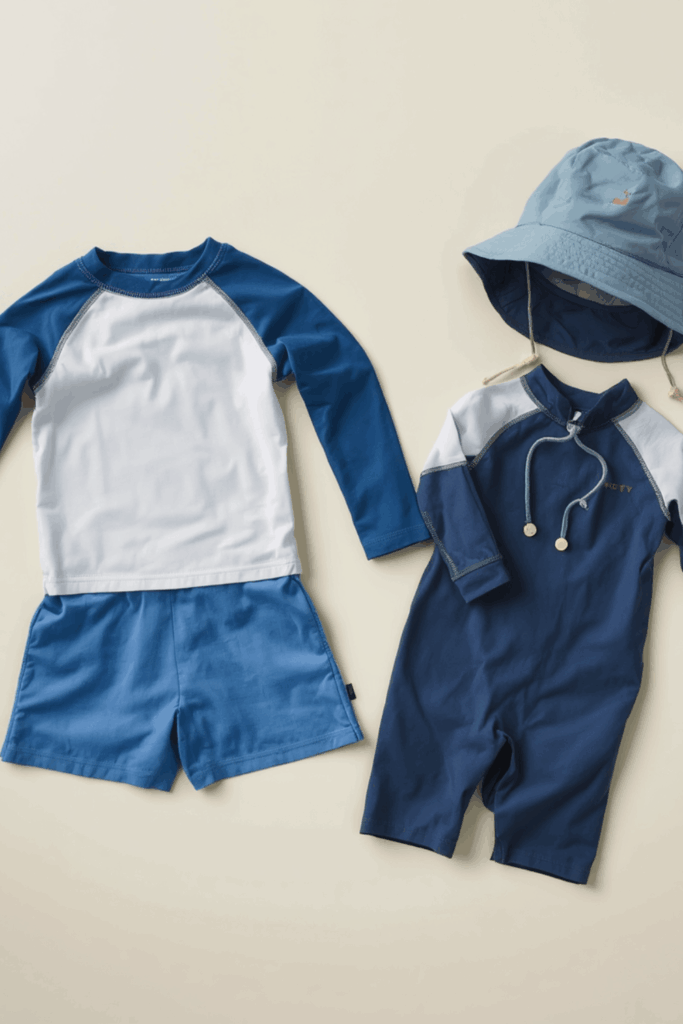 Zweiteilige und einteilige UV-Schutzkleidung für Kinder mit Sonnenhut, im Vergleich als Flatlay dargestellt.