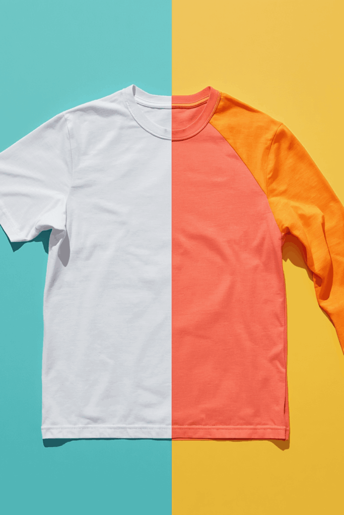 Vergleich zwischen einem weißen Baumwoll-T-Shirt und farbiger UV-Schutzkleidung, gegenübergestellt zur Veranschaulichung des UPF-Unterschieds.