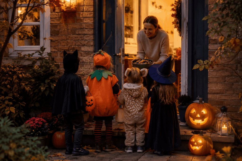Verkleidete Kinder sammeln an Halloween Süßigkeiten an einer beleuchteten Haustür