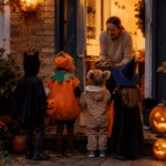 Verkleidete Kinder sammeln an Halloween Süßigkeiten an einer beleuchteten Haustür