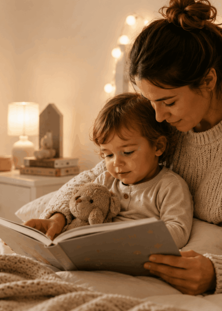 Abendrituale, die wirklich verbinden Mutter liest ihrem Kleinkind abends im gemütlich beleuchteten Bett aus einem Bilderbuch vor, Teddybär liegt daneben. (KI-generiertes Bild)