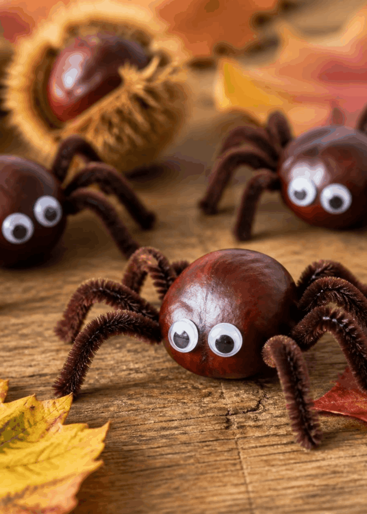 Kastanien-Spinnen Kastanien mit angeklebten Pfeifenreiniger-Beinen und Wackelaugen als Spinnen
