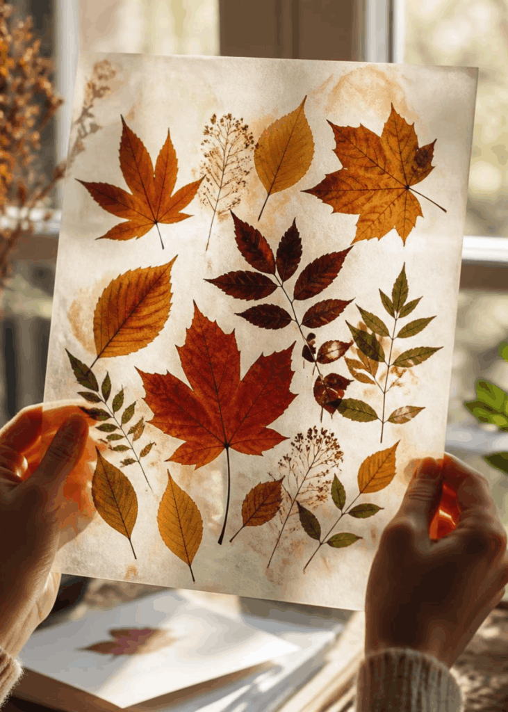 Gepresste Herbstblätter zwischen durchsichtigem Papier, von Fensterlicht durchschienen