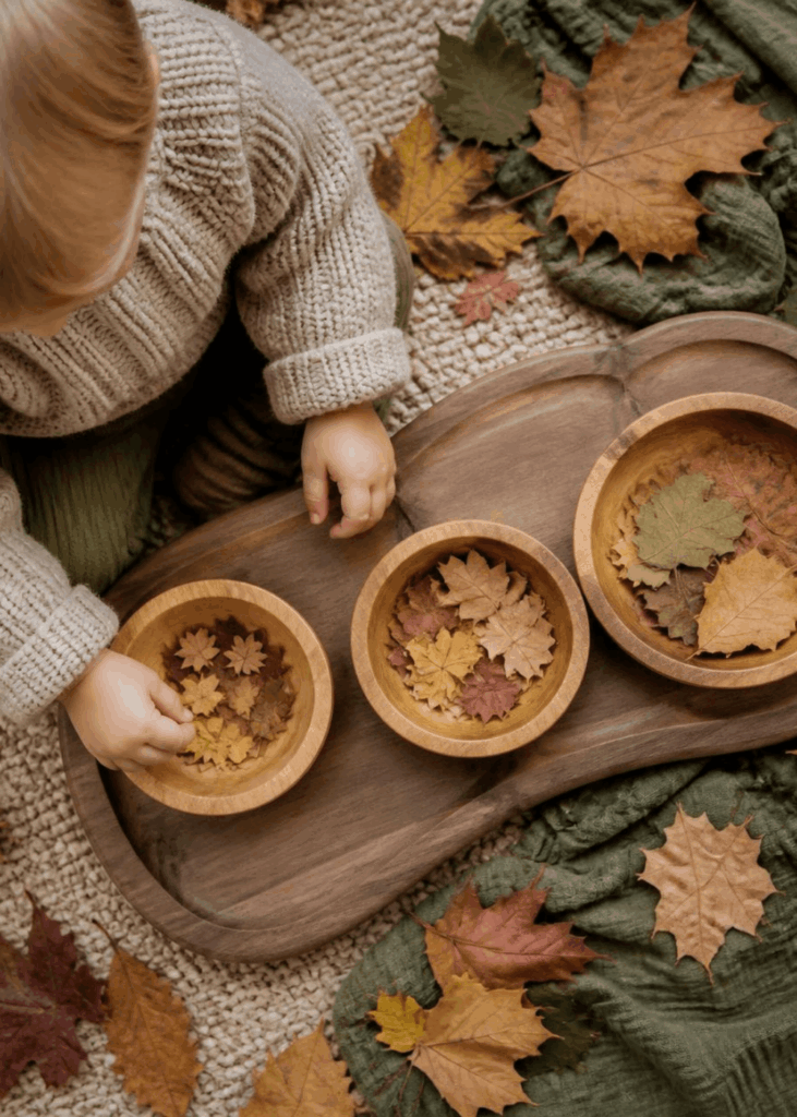 Kleinkind sortiert Herbstblätter nach Größe in kleine Holzschalen