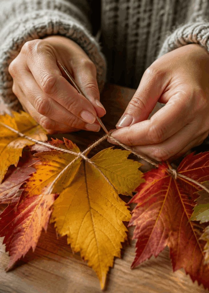Herbstblätter auf eine Schnur aufgefädelt, Erwachsenenhand führt eine stumpfe Nadel