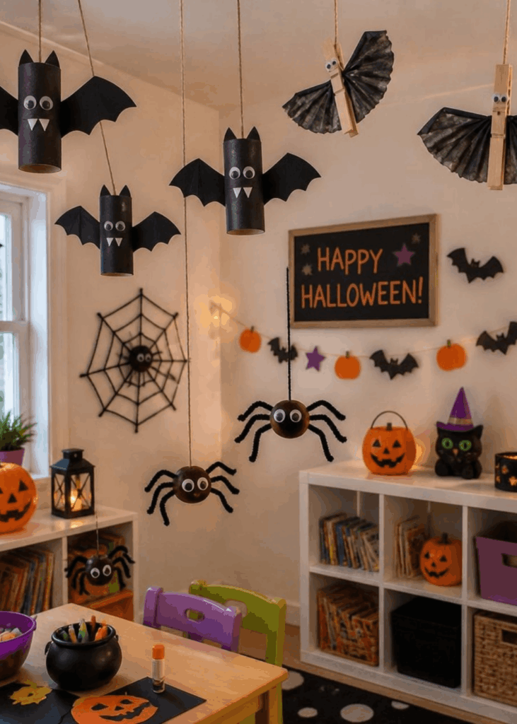 Kinderzimmer mit selbstgebastelter Halloweendeko aus Klopapierrollen-Fledermäusen, Filz-Spinnennetz und Kürbis-Eimern