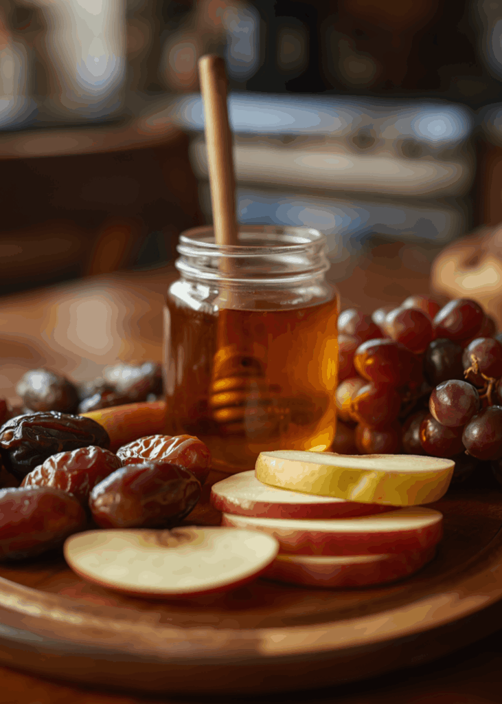 Holzplatte mit Datteln, Rohhonig und frischem Obst als gesunde Süßigkeiten-Alternative