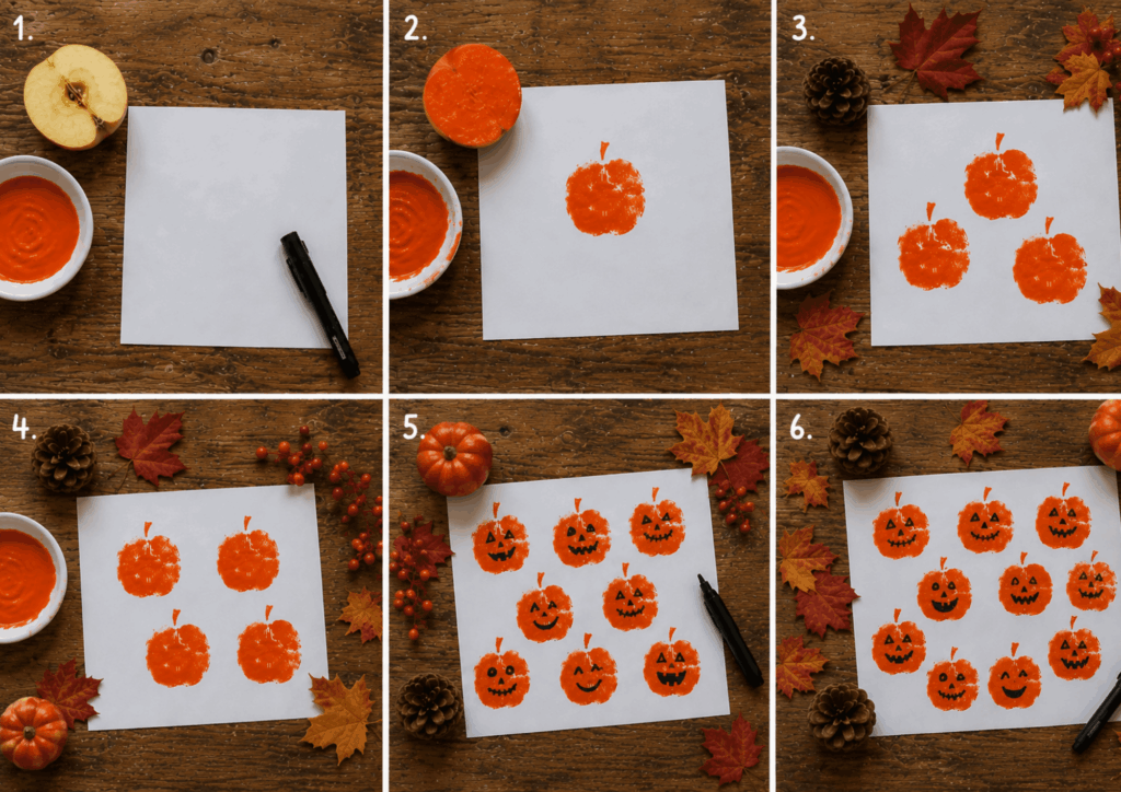 Kürbis-Stempelgesichter Orange gestempelte Kürbisformen mit verschiedenen schwarzen Gesichtern auf weißem Papier