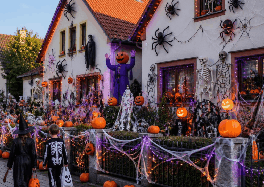 Deutsche Wohnstraße mit aufwendiger Halloweendekoration, Skeletten und Kürbissen bei Tageslicht