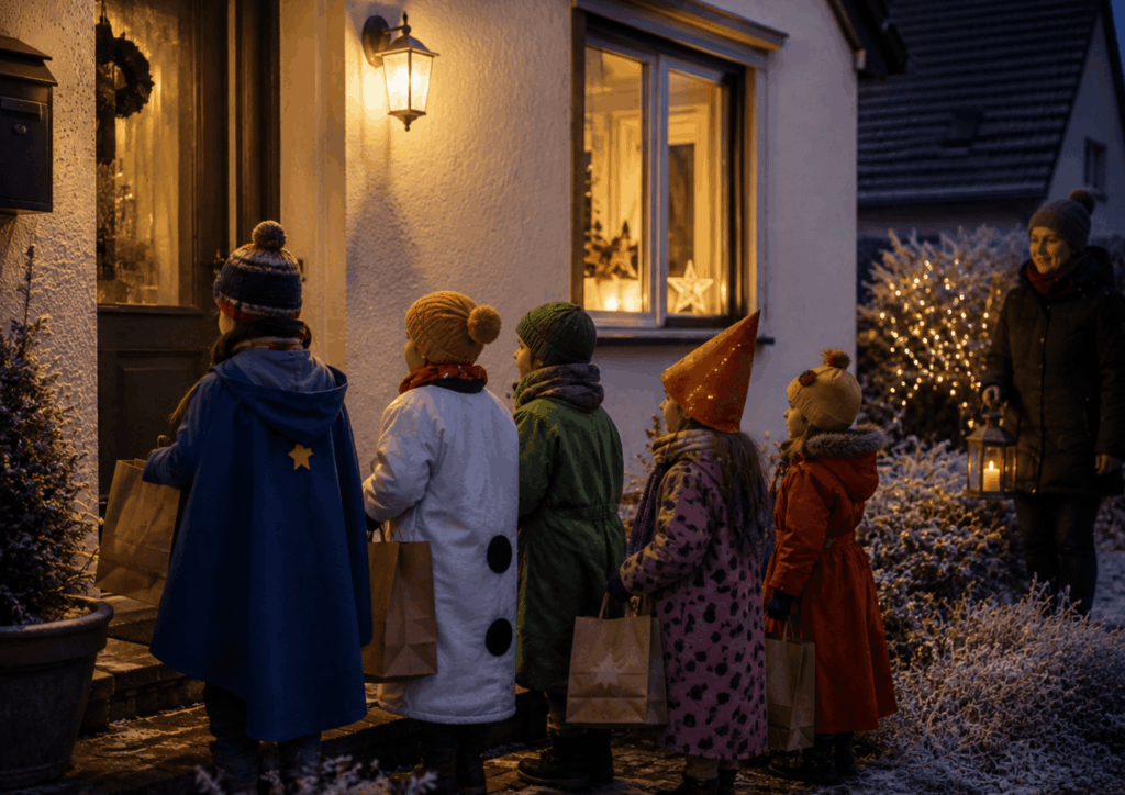 Verkleidete Kinder mit Papiertüten stehen abends vor einer Haustür in einem deutschen Wohngebiet