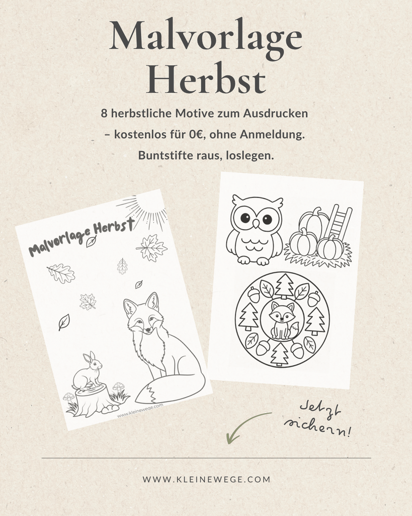 Zwei Seiten der Malvorlage Herbst mit Fuchs-, Eulen- und Kürbismotiven auf gelbem Krepppapier-Hintergrund, Text "Jetzt sichern"
