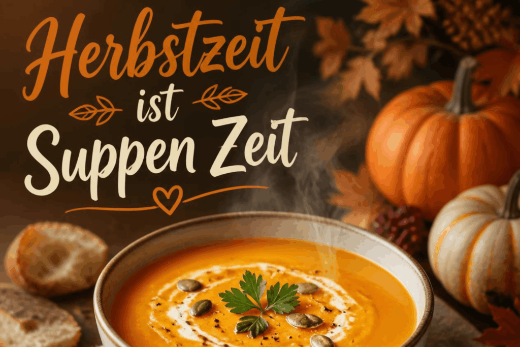 Dampfende Kürbissuppe mit Kürbissen und Herbstdeko im Hintergrund – Herbstsuppen Rezepte für die Familie