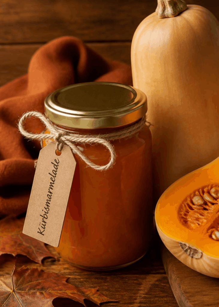 Glas Kürbismarmelade mit Schleife und Etikett "Kürbismarmelade", daneben ein aufgeschnittener Kürbis.