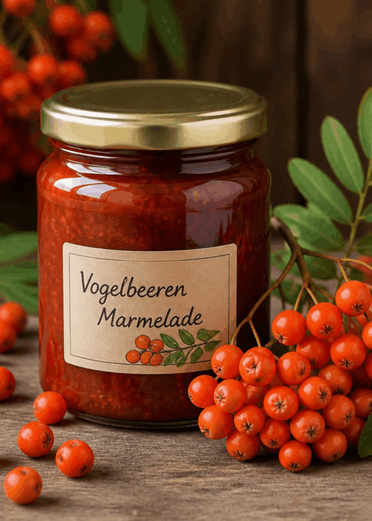 Glas mit rot-oranger Vogelbeeren-Marmelade und Etikett "Vogelbeeren Marmelade", frische Vogelbeeren daneben.