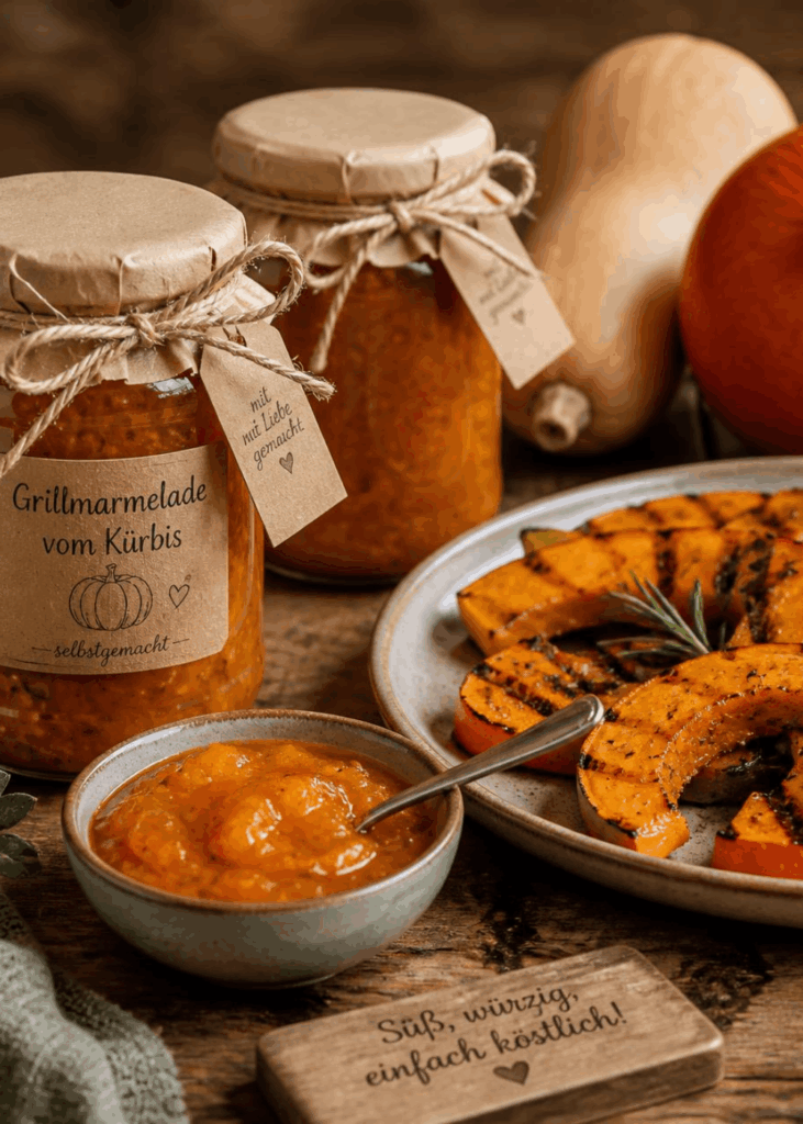 Zwei Gläser Grillmarmelade vom Kürbis mit Etikett, daneben eine Schale der Marmelade und ein Teller gegrillter Kürbisscheiben.