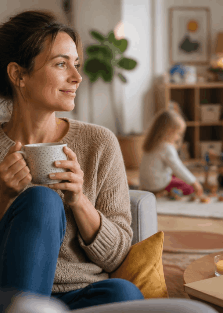Bewusste Pause für die Eltern Mutter trinkt in Ruhe eine Tasse Kaffee, im Hintergrund spielende Kinder – bewusste Erholungsphase im Elternalltag