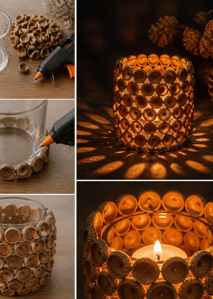 Windlicht aus Eichelhütchen Windlicht aus einem mit Eichelhütchen beklebten Glas mit brennendem Teelicht – Herbstdeko selber basteln