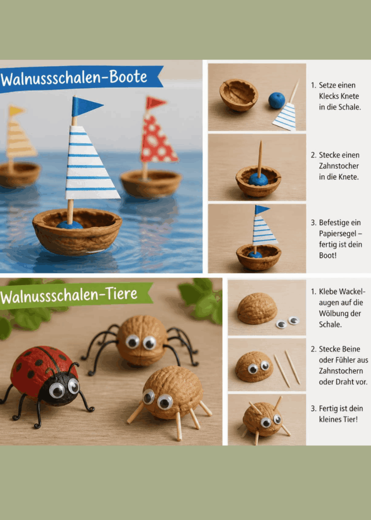 Walnussschalen-Boote und Herbstbasteleien Collage mit Walnussschalen-Booten und weiteren Herbstbastelideen – Walnussschalen basteln mit Kindern