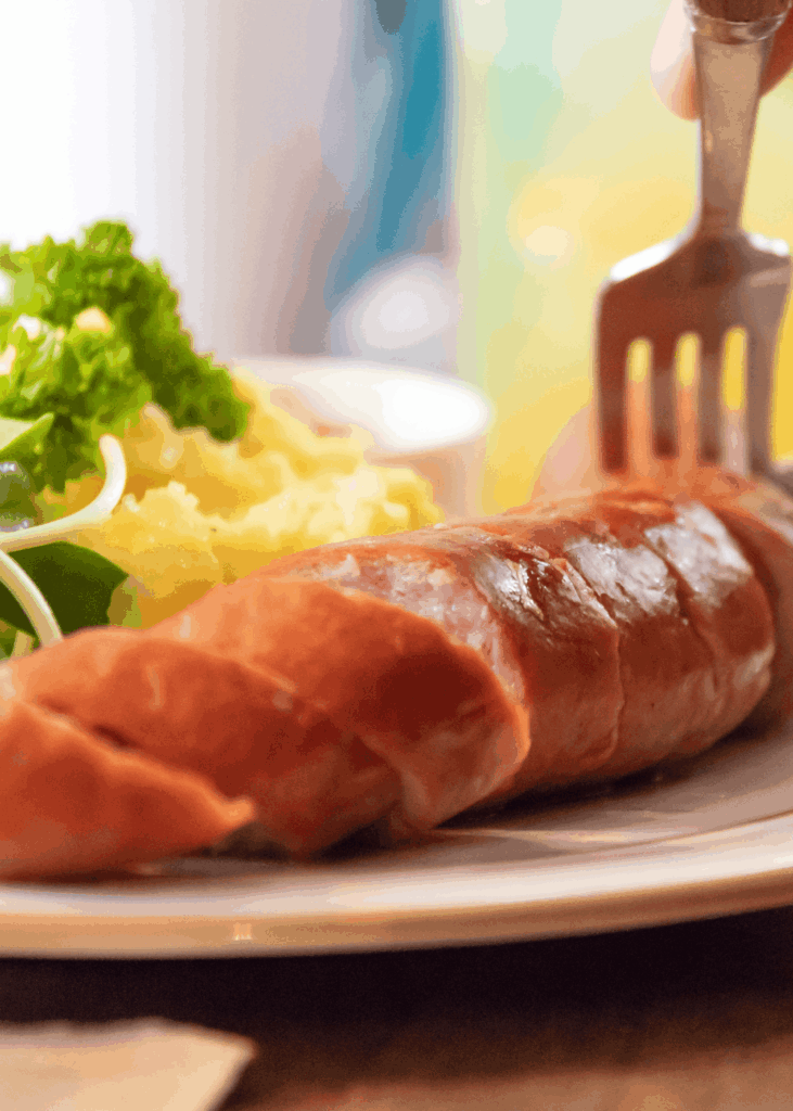Steckrübenmus mit Kochwurst Kochwurst mit Steckrübenmus und Salat auf einem Teller – deftiges Herbstgericht mit Kochwurst